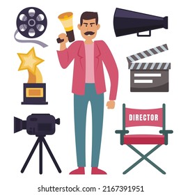 Movie director standing and hold Megaphone in hand and Set Of Objects for Moviemaking,  trophy, armchair, camera, film bobbin, glasses, clapper board in cartoon character, Vector illustration