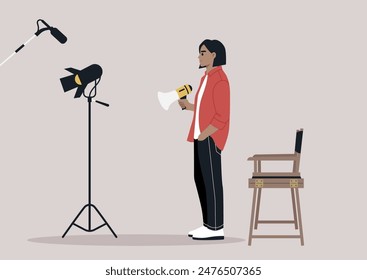 A movie director stands on a set, holding a megaphone, giving instructions, A spotlight and microphone are visible in the background