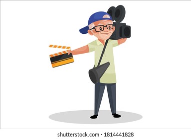 Movie director is wearing megaphone on shoulder and holding camera and clapper board in hands. Vector graphic illustration. Individually on a white background.