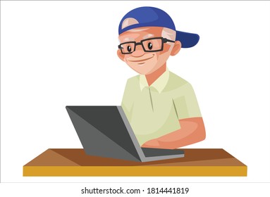 Movie director is working on a laptop. Vector graphic illustration. Individually on a white background.