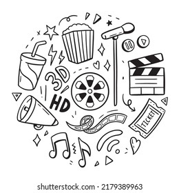 Movie doodle background. Vector illustration. streaming entertainment draw hand concept