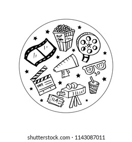 Movie doodle collection on black and white.