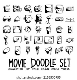 Movie Doodle vector icon set. Drawing sketch illustration hand drawn line.