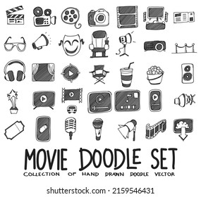 Juego de iconos del vector del Doodle de película. Línea dibujada a mano en la ilustración del esbozo de dibujo.