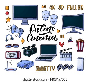 Movie elements in doodle style on white background. Graphic cartoon illustration. Hand drawing line art icon. Template for Online Cinema design. Vector illustration