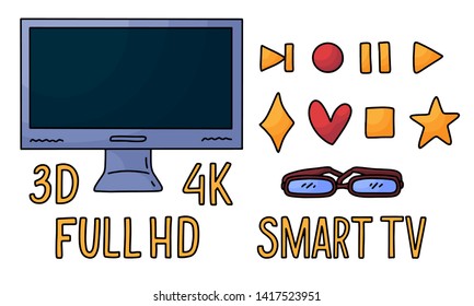 Movie elements in doodle style on white background. Graphic cartoon illustration. Hand drawing line art icon. Template for Online Cinema design. Vector illustration