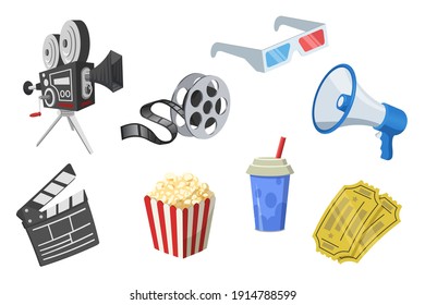 Movie elements set. Film strip, popcorn, camera, clapperboard, megaphone, 3d glasses, tickets isolated on white. For cinema theater, show industry, film production concept