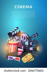 Movie elements set. Vintage cinema, entertainment and recreation with popcorn. Retro poster background. Clapperboard and camera, Filmmaking and video cassette, chair, film stock for Hollywood studio.