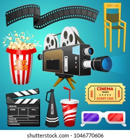 Movie elements set. Vintage cinema, entertainment and recreation with popcorn. Retro poster background. Clapperboard and camera, Filmmaking and video cassette, chair, film stock for Hollywood studio.