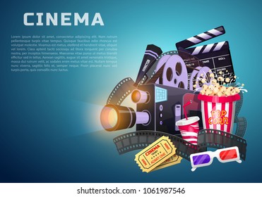 Movie elements set. Vintage cinema, entertainment and recreation with popcorn. Retro poster background. Clapperboard and camera, Filmmaking and video cassette, chair, film stock for Hollywood studio.