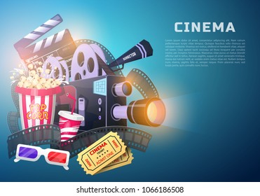 Movie elements set. Vintage cinema, entertainment and recreation with popcorn. Retro poster background. Clapperboard and camera, Filmmaking and video cassette, chair, film stock for Hollywood studio.