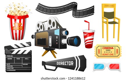 Movie elements set. Vintage online cinema, Popcorn and 3D Glasses. Camera and cinematography, tickets. Filmmaking and video cassette, chair, film stock. entertainment and recreation. set of icons.