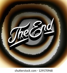 Movie ending screen with burned paper background, vector illustration.