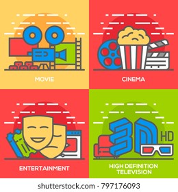 Movie, Entertainment, Cinema and High Definition Television Flat Line Concept Illustration.