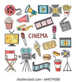 Movie entertainment vector icon set. Pictures in hand drawn style