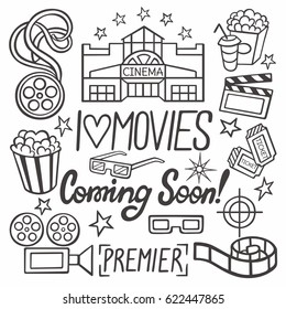 Movie Equipments Hand Drawn Vector Elements Such As celluloid, Camera, Clapper board, 3d Glasses, Popcorn Bowls, Paper Glass Of Drink And Cinema For Banners, Posters, Badges, Logotypes. Black icons.