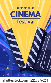 Movie events poster. Cinema festival banner, movie clapper advertising background premiere film cinematography production performance night show event, cartoon vector illustration