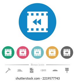 Movie fast backward flat white icons on round color backgrounds. 6 bonus icons included.