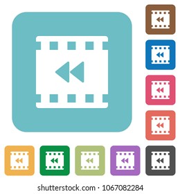 Movie fast backward white flat icons on color rounded square backgrounds