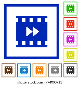 Movie fast forward flat color icons in square frames on white background