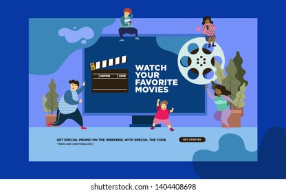movie festival, online cinema vector illustration concept, people watching movie by online streaming, millenial vlogger, can use for, landing page, template, ui, web, homepage, poster, banner, flyer