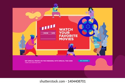 movie festival, online cinema vector illustration concept, people watching movie by online streaming, millenial vlogger, can use for, landing page, template, ui, web, homepage, poster, banner, flyer