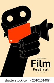 Movie festival poster design template background with vintage film camera. Can be used for backdrop, banner, brochure, leaflet, flyer, print, publication, vector illustration