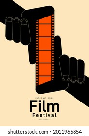 Movie festival poster design template background with vintage filmstrip. Can be used for backdrop, banner, brochure, leaflet, flyer, print, publication, vector illustration