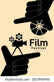 Movie festival poster design template background with vintage film camera. Can be used for backdrop, banner, brochure, leaflet, flyer, print, publication, vector illustration