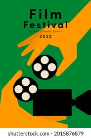 Movie festival poster design template background with vintage film camera. Can be used for backdrop, banner, brochure, leaflet, flyer, print, publication, vector illustration