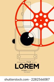 Movie festival poster design template background with vintage camera and film reel. Can be used for backdrop, banner, brochure, leaflet, flyer, print, publication, vector illustration