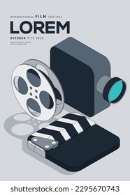 Fondo de plantilla de diseño de afiches de festival de cine con equipo de cine. Puede utilizarse para el fondo, el banner, el folleto, el folleto, el volante, la impresión, la publicación, la ilustración vectorial