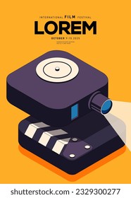 Movie festival poster design template background with film equipment modern vintage retro style. Can be used for backdrop, banner, brochure, leaflet, flyer, print, publication, vector illustration