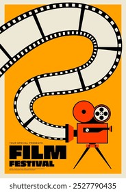 Plantilla de diseño de póster del festival de cine decorada con cámara de película vintage y estilo retro minimalista de filmstrip. Elemento de diseño se puede utilizar para el folleto, volante, folleto, impresión, invitación, Ilustración vectorial