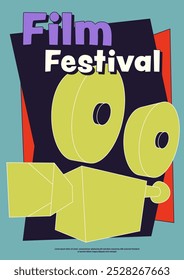 Modelo de design de cartaz do festival de cinema decorado com câmera de filme vintage estilo retrô moderno mínimo. Elemento de design pode ser usado para folheto, folheto, impressão, convite, ilustração vetorial