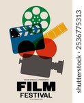 Movie festival poster template design background with film reel, filmstrip, film slate modern vintage retro style. Design element can used for flyer, banner, brochure, print, vector illustration