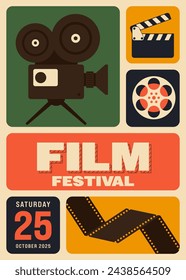 Movie festival poster template design background with film element in grid layout. Design element can be used for  banner, brochure, leaflet, flyer, print, vector illustration