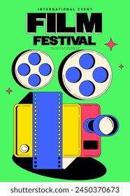 Movie festival poster template design with film camera modern vintage retro style. Design element can be used for  banner, brochure, leaflet, flyer, print, vector illustration