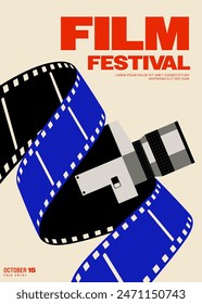 Movie festival poster template design with vintage filmstrip and film camera. Design element can be used for  banner, brochure, leaflet, flyer, print, vector illustration