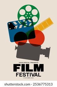 Fundo de design de modelo de cartaz do festival de cinema com rolo de filme, filmstrip, ardósia de filme estilo retro vintage moderno. Elemento de design pode ser usado para folheto, banner, brochura, impressão, ilustração de vetor