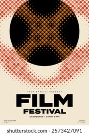 Movie festival poster template design background with abstract halftone film reel isolated on beige color background. Design element can used for flyer, banner, brochure, print, vector illustration