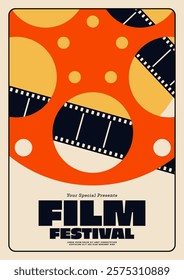 Movie festival poster template design minimal vintage retro style with film reel and filmstrip isolated on beige color background. Can used for flyer, banner, brochure, print, vector illustration