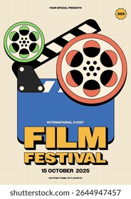 Plano de fundo de design de modelo de cartaz do festival de cinema. Carretel de filme vintage e clapperboard no padrão de linha de grade. Pode ser usado para folheto, banner, brochura, impressão, anúncio, ilustração vetorial