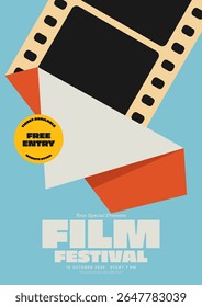 Movie festival poster template design background. Vintage filmstrip and folded paper on blue minimal style. Can be used for flyer, banner, brochure, print, advertisement, vector illustration