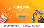Movie film banner design template. Cinema concept with popcorn, filmstrip and film clapper. Theater cinematography poster. Online cinema art movie watching. Movie vector background.
