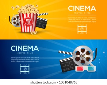 Movie film banner design template. Cinema concept with popcorn, filmstrip and film clapper. Theater cinematography poster.