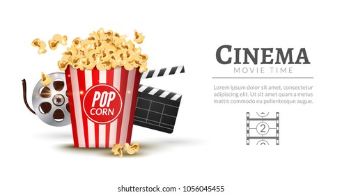 Plantilla de diseño de banner de película. Concepto de cine con palomitas de maíz, tiras de película y tapón de película. Afiche cinematográfico del teatro.