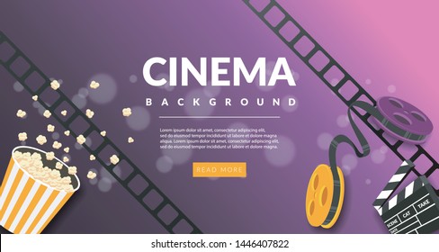 Movie film banner design template. Cinema concept with popcorn, filmstrip and film clapper. Theater cinematography poster. Online cinema art movie watching. Movie vector background.