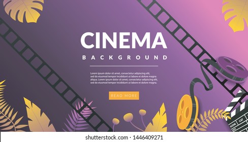 Plantilla de diseño de banner de película. Concepto de cine con tira de película y gancho de película. Afiche cinematográfico del teatro. Ver películas de cine en línea. Fondo vectorial de película.