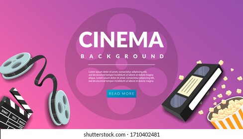 Movie film banner design template. Cinema concept with popcorn, filmstrip and film clapper. Theater cinematography poster. Online cinema art movie watching. Movie vector background.